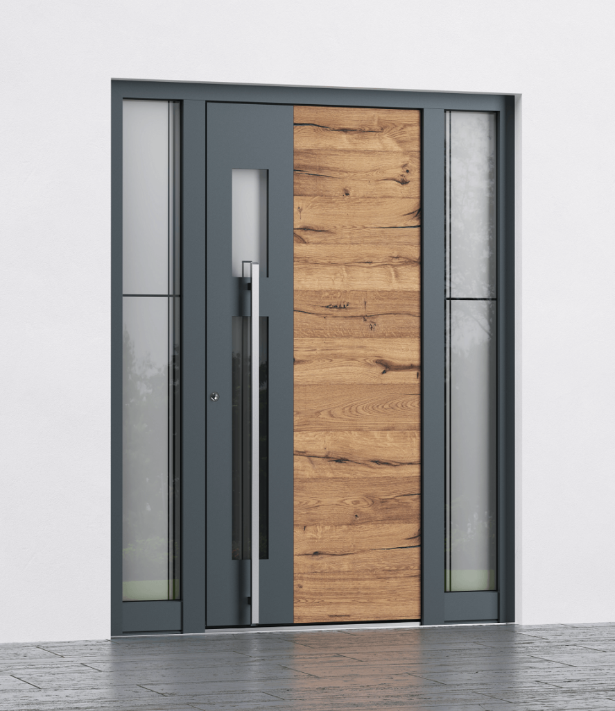 Drzwi premium w kolorze drewna z naświetlami bocznymi i górnymi