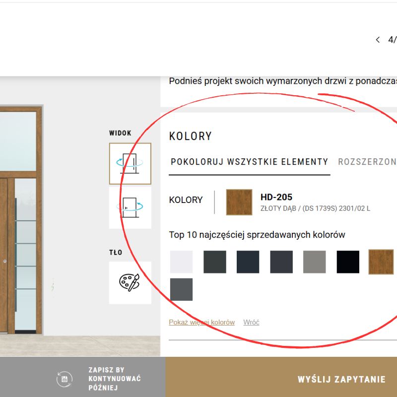 Wybór koloru drzwi w konfiguratorze online